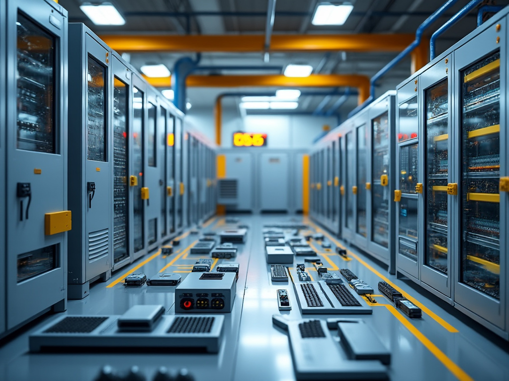 Centro de datos moderno con servidores en racks y componentes de hardware sobre una mesa.