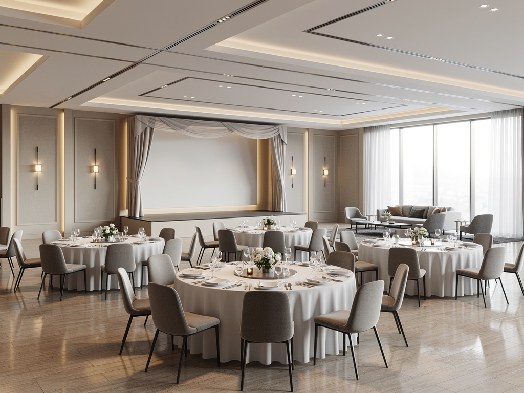 Salón de banquetes elegante con mesas redondas decoradas, sillas modernas y grandes ventanales para eventos y bodas