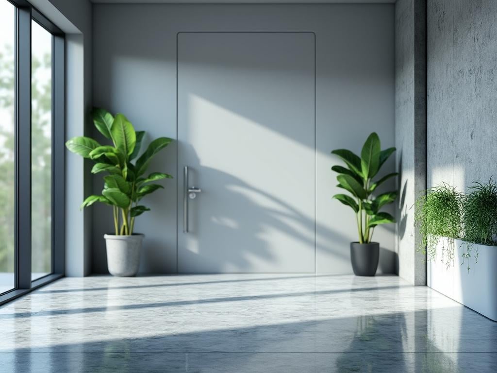 Vestíbulo moderno con plantas en macetas, suelo de mármol y luz natural entrando por una ventana grande.