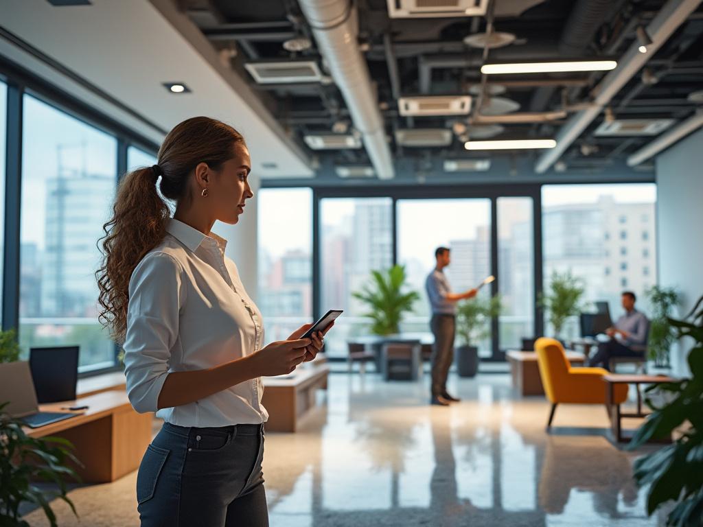 Modern office space with a businesswoman using a smartphone, colleagues working in the background, large windows and urban views.
