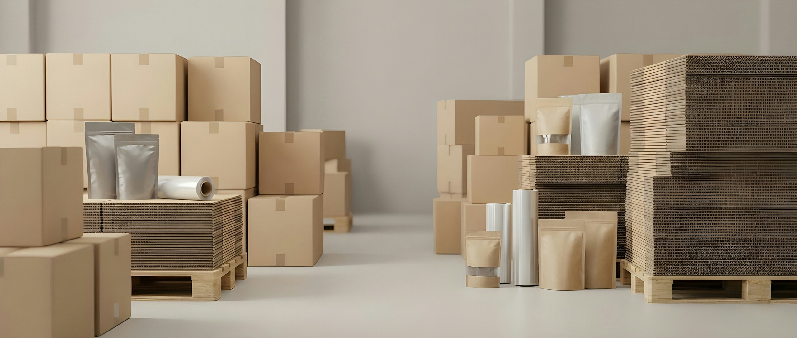 Stacks of brown cardboard boxes and paper packaging materials on pallets in a warehouse setting.