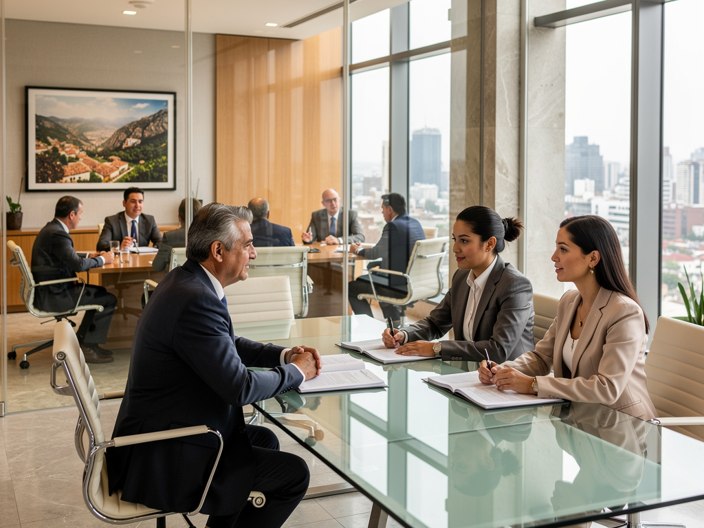 Reunión de negocios en oficina moderna con ejecutivos en traje, mesa de cristal y vista panorámica de la ciudad
Reunión de negocios en oficina moderna con ejecutivos en traje, mesa de cristal y vista panorámica de la ciudad