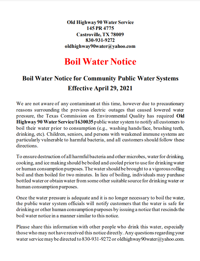 Old Highway 90 Water Service Notices