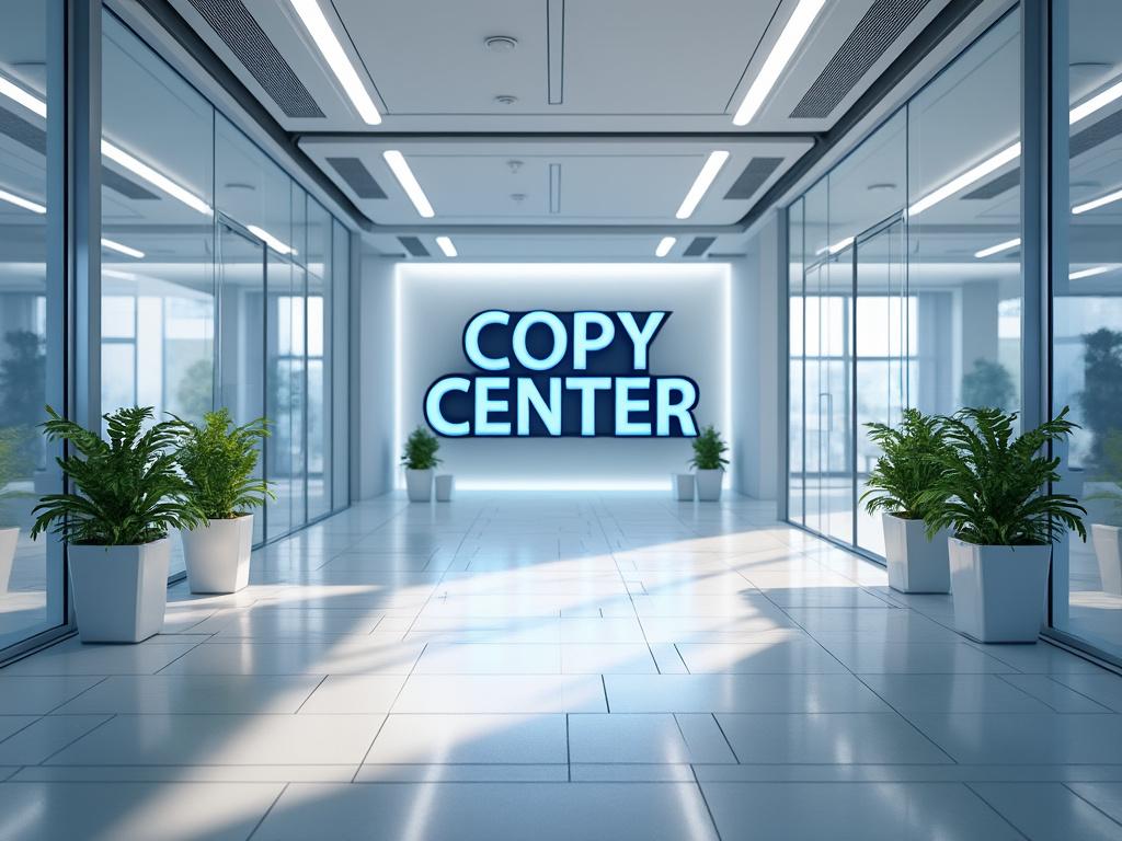 Pasillo moderno con plantas en macetas y letrero luminoso de 'Copy Center'.