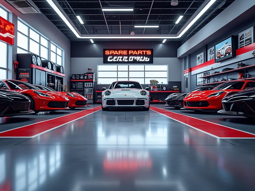 Interior de un taller de automóviles moderno con coches deportivos de lujo en exposición, iluminación elegante y señal de repuestos.