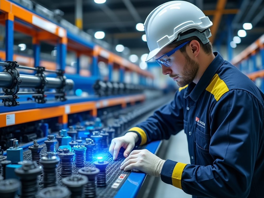 Trabajador con casco y gafas de seguridad inspeccionando maquinaria en una fábrica moderna iluminada.