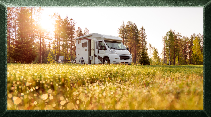 An RV set up in a field near the woods.