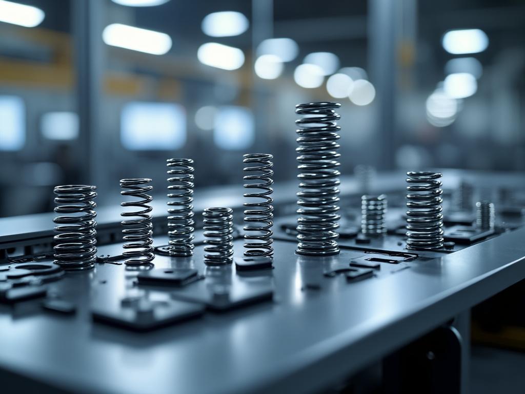 Muelles de metal de diferentes tamaños sobre una mesa en un entorno industrial.