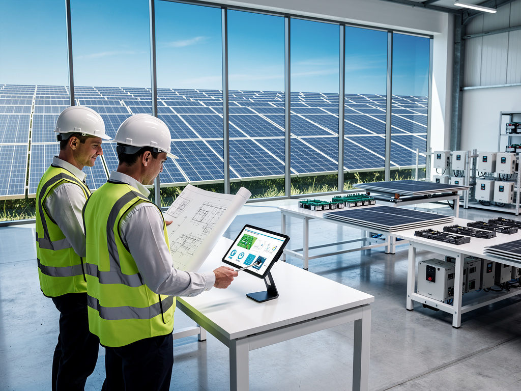 Engineers in safety gear inspecting solar panel system designs in a renewable energy lab with large solar array outside