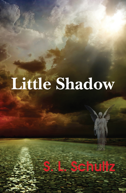 "Little Shadow" book cover, showing an angel alighting on a highway as a storm gathers in the distance