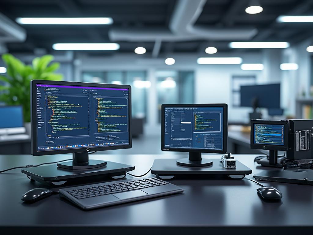Oficina moderna con monitores mostrando código, teclado y ratón en escritorio.