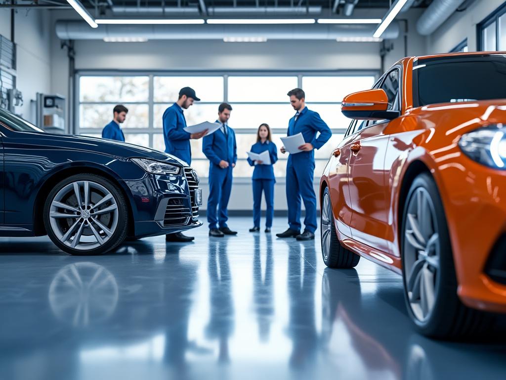 Automotive engineers in a workshop reviewing documents behind luxury cars.