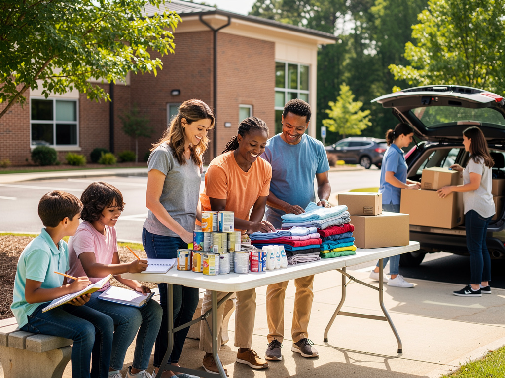 Community volunteers sorting donated clothes and canned food for a charity drive outside a school building