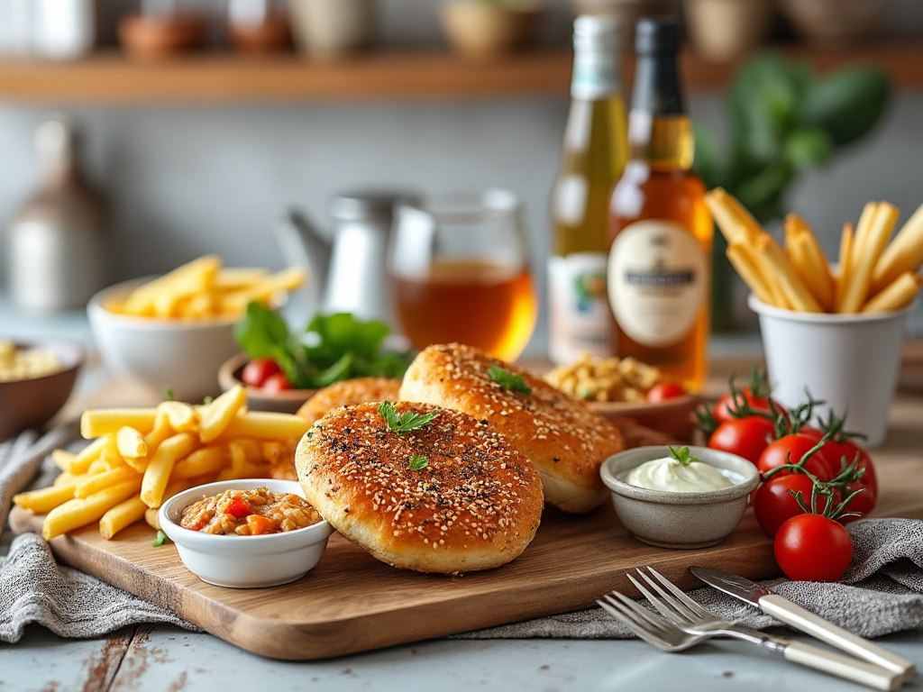 Tabla de madera con hamburguesas de pan de sésamo, papas fritas, salsas, tomate cherry y bebidas en el fondo.