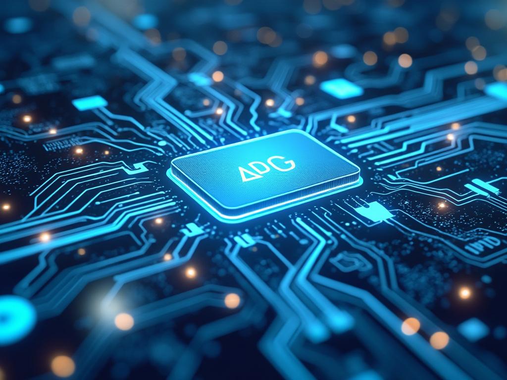 Chip de computadora en un circuito impreso con luces brillantes.