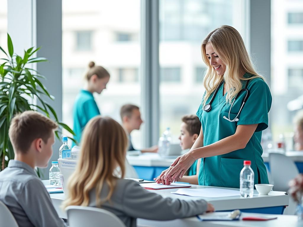 Smiling nurse in green scrubs interacting with young patients in a bright hospital room. Smiling nurse in green scrubs interacting with young patients in a bright hospital room.