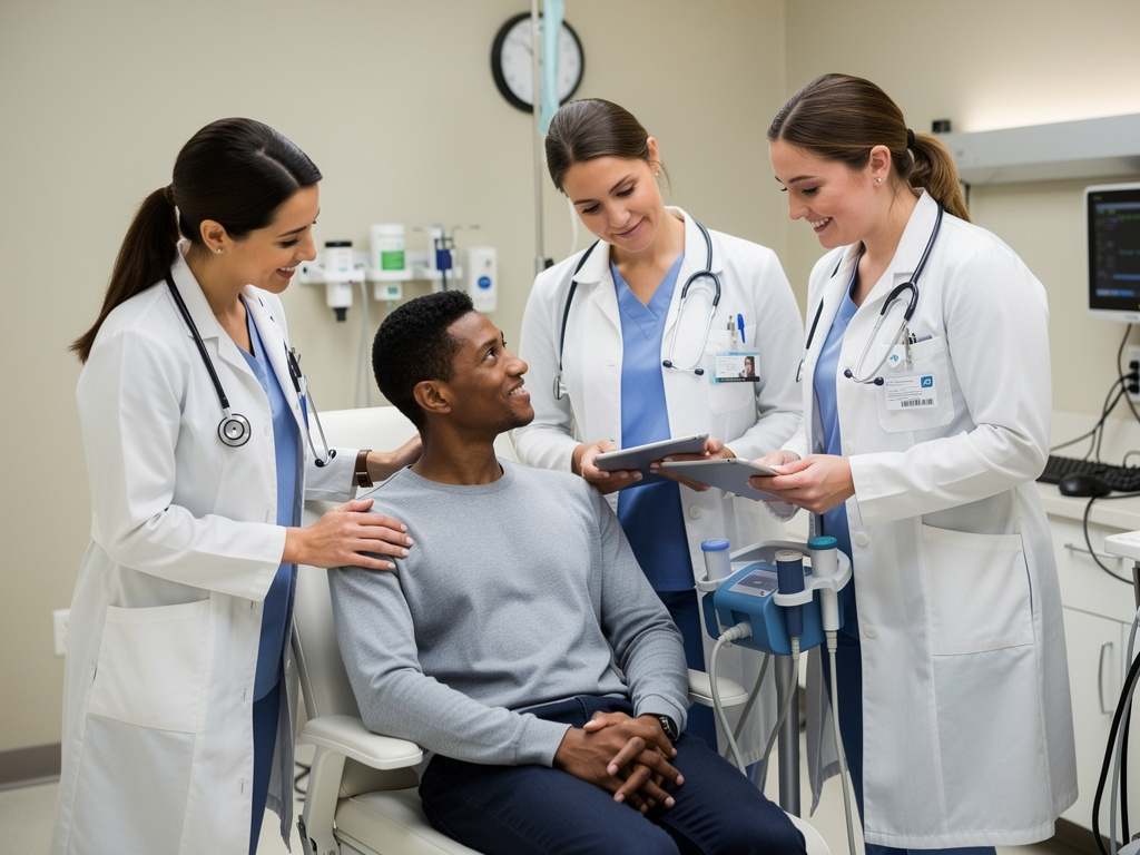 Equipo médico sonriente atendiendo a un paciente en una sala de consulta hospitalaria