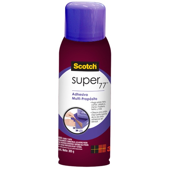 ADHESIVO SPRAY SUPER77 SCOTCH 3M 305G
MOD. 7716-SP, CON 1 PIEZA
ARTÍCULO: ADHESIVO EN AEROSOL
TIPO: TRANSPARENTE
MODELO: SUPER 77
MARCA: SCOTCH
CARACTERISTICAS: DE ALTA ADHESION