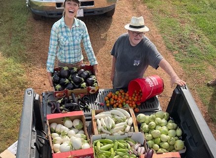 Fresh vegetables including tomatoes, bell peppers, broccoli, and herbs in a basket on a wooden table outdoors. Fresh vegetables including tomatoes, bell peppers, broccoli, and herbs in a basket on a wooden table outdoors.