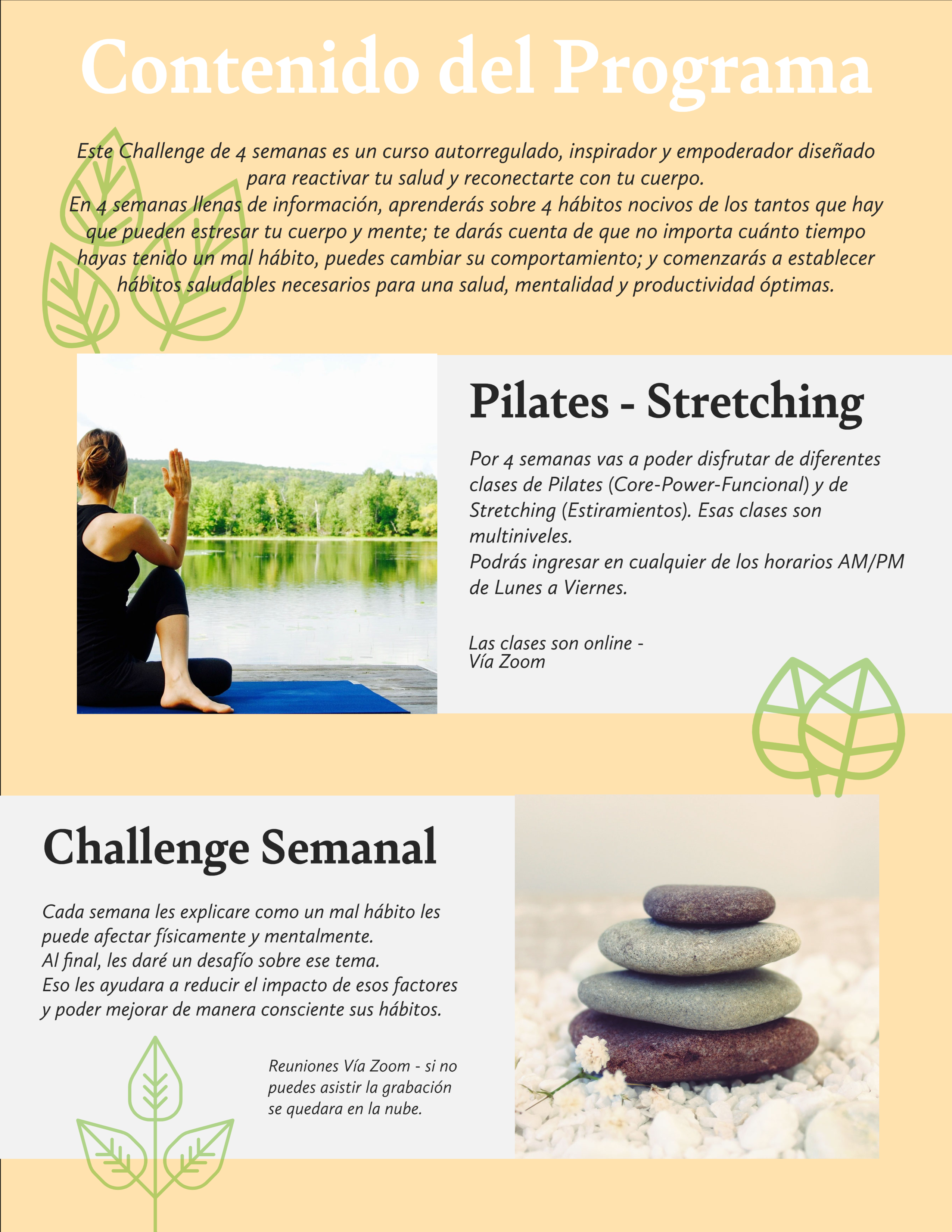 Programa 4 semanas
vuelve a conectar con tu cuerpo
clases virtuales pilates y stretching
challenge semanal