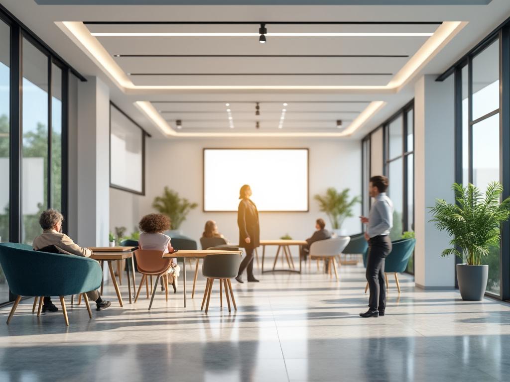Personas en una sala de conferencias luminosa con grandes ventanas, plantas y mobiliario moderno, centradas en una presentación.