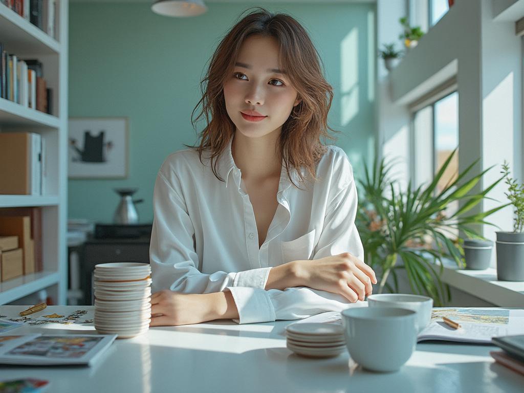 Woman sitting at a table with coffee cups and plants in a sunlit room.