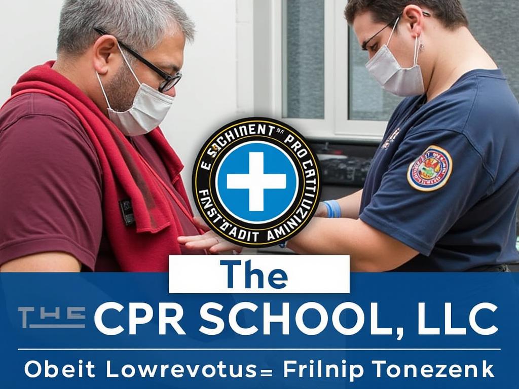 Two people practicing CPR techniques at a training session, wearing face masks, with a logo and text for The CPR School, LLC. Two people practicing CPR techniques at a training session, wearing face masks, with a logo and text for The CPR School, LLC.