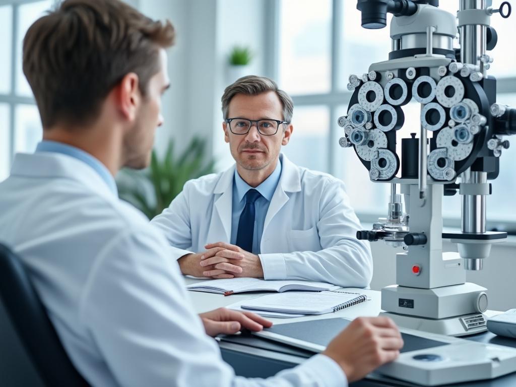 Optometrista con bata blanca en consulta con paciente, equipo de refracción ocular en una clínica luminosa.