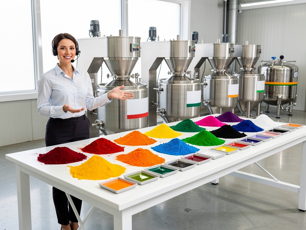 Especialista en fábrica de pigmentos presenta polvos de colores y muestras líquidas junto a tanques industriales de mezcla