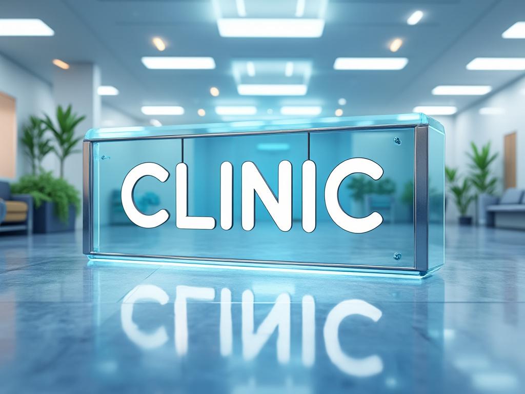 Cartel luminoso con la palabra 'CLINIC' en un interior moderno con plantas y luces brillantes.