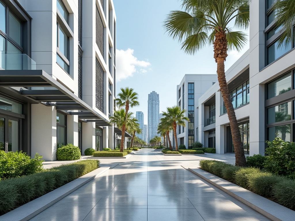 Avenida moderna con edificios de vidrio, palmeras y rascacielos en el fondo, bajo un cielo azul despejado.