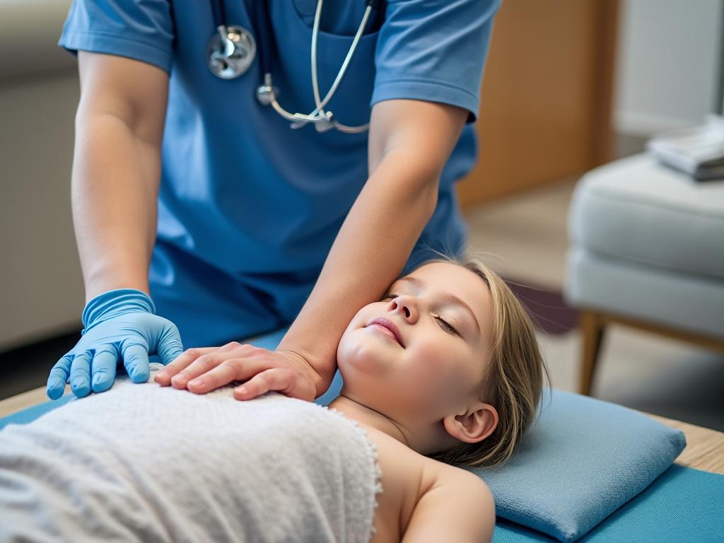 Medical professional performs CPR on a child dummy during a training session.