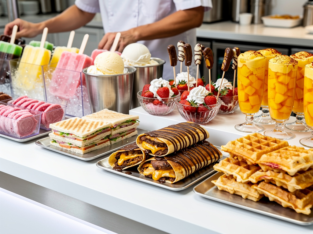 Mostrador de heladería con gofres, crepes de chocolate, helados, fresas, batidos de mango y polos artesanales