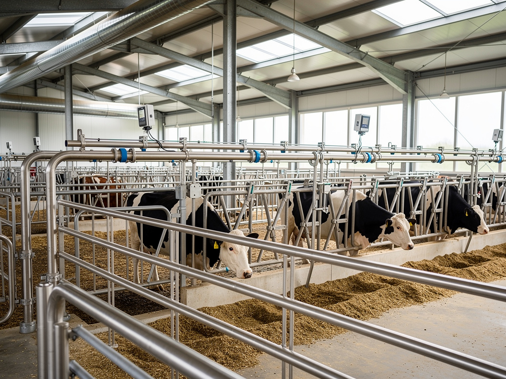 Vacas lecheras en establo moderno con comederos, barandillas metálicas y sistema automatizado de tuberías