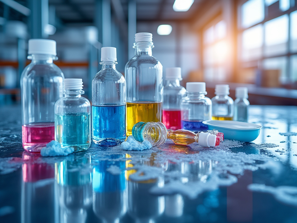 Frascos de vidrio con líquidos de colores en un laboratorio iluminado al amanecer.