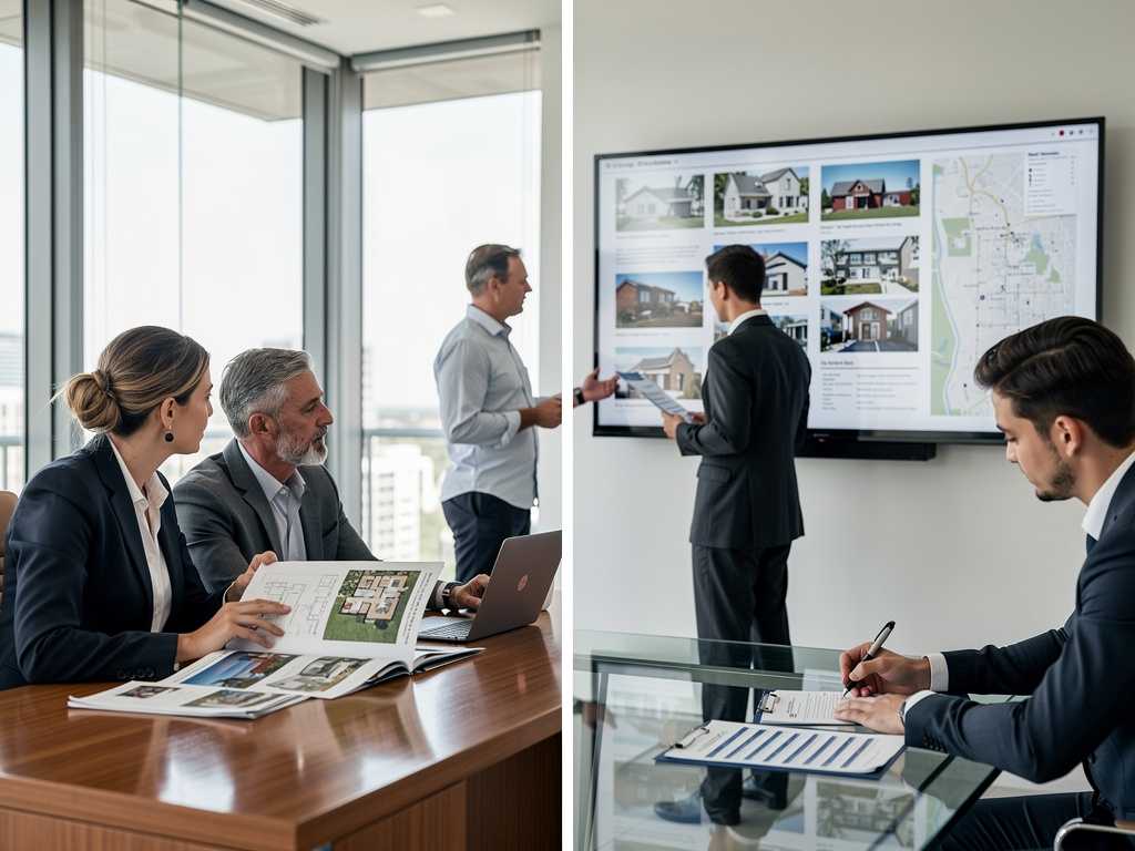 Reunión de agentes inmobiliarios analizando planos, propiedades y mapa en pantalla en una oficina moderna