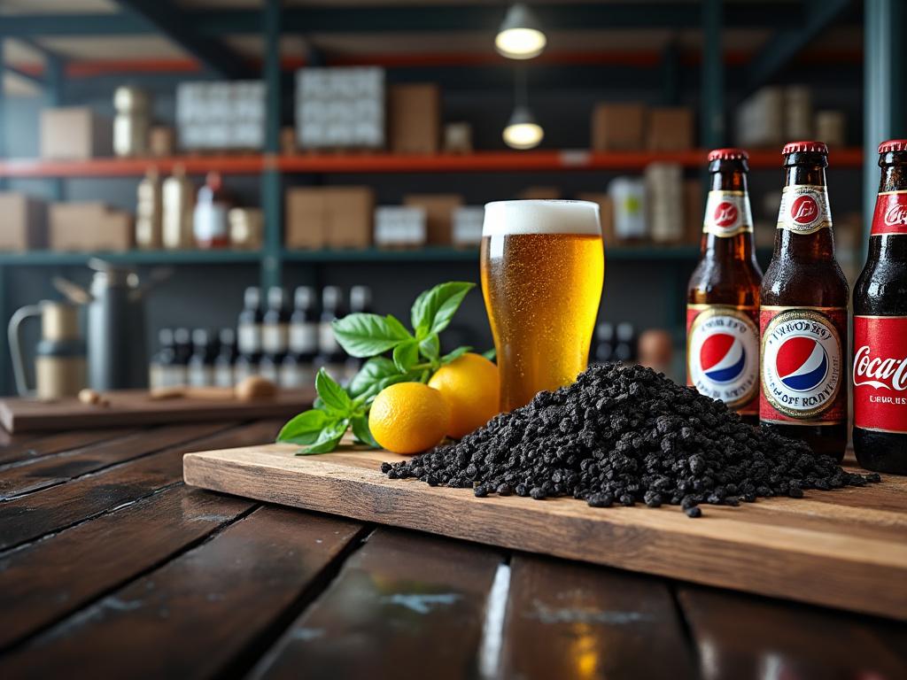 Tablero de madera con vaso de cerveza, botellas, limones y hojas verdes.