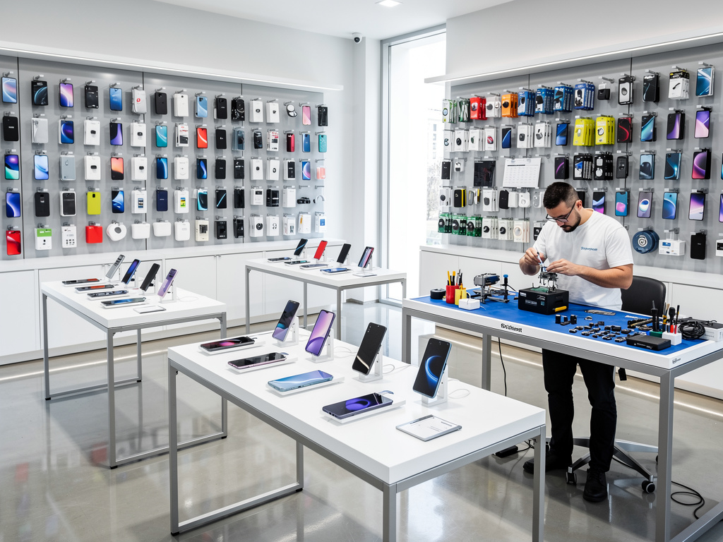Tienda de reparación de móviles con técnico arreglando smartphone, vitrinas de accesorios y teléfonos en exhibición