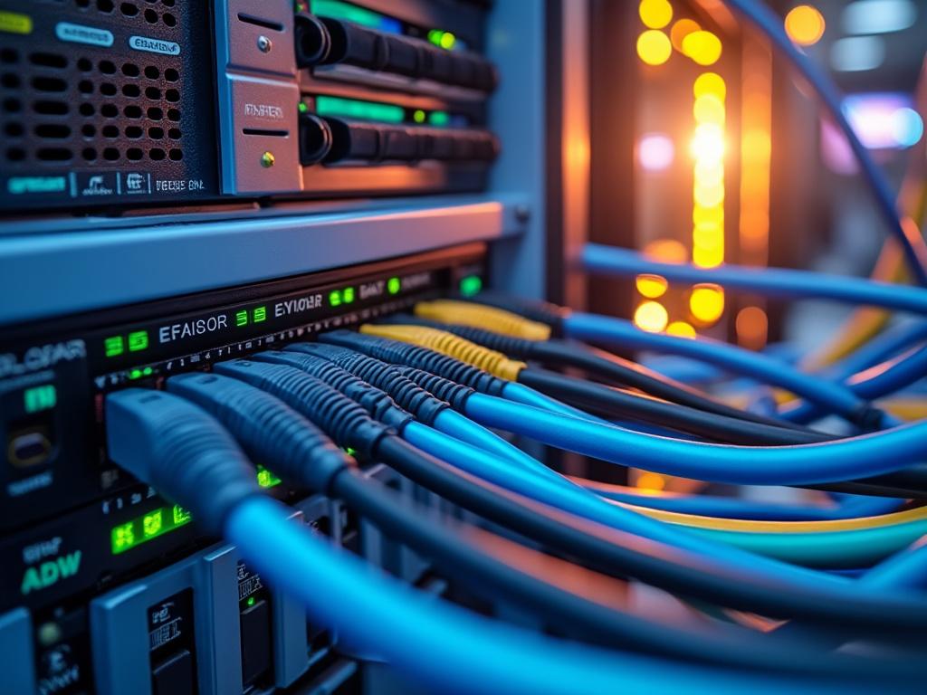 Close-up of network cables connected to a server panel with glowing lights in a data center environment.