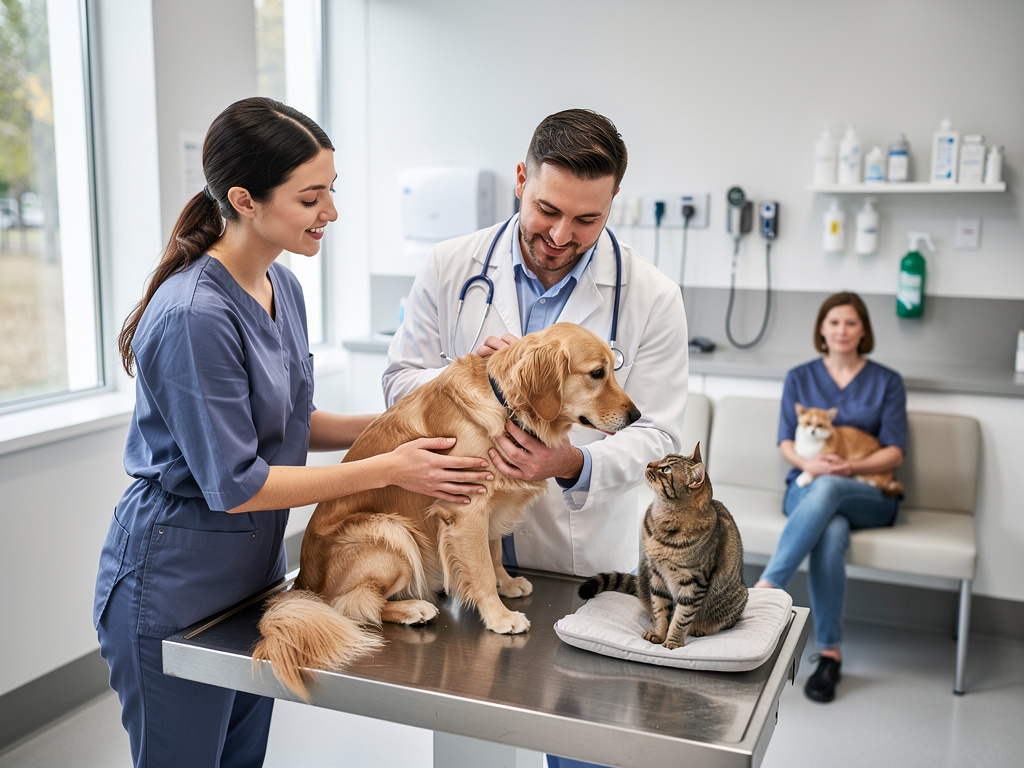 Veterinario y asistente examinando a un perro golden retriever junto a un gato en clínica veterinaria moderna