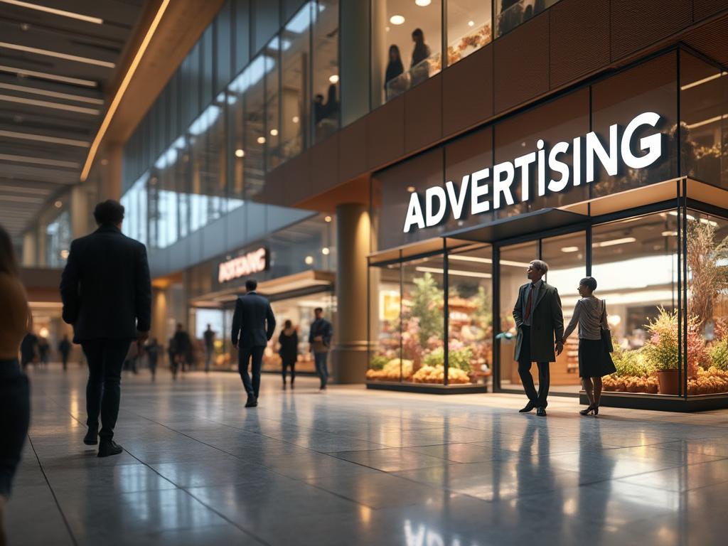 Personas caminando en un centro comercial moderno frente a una tienda con letrero luminoso de 'Advertising'.