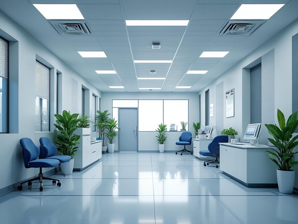 Oficina moderna con plantas, sillas azules y escritorios blancos, iluminada por luz natural.