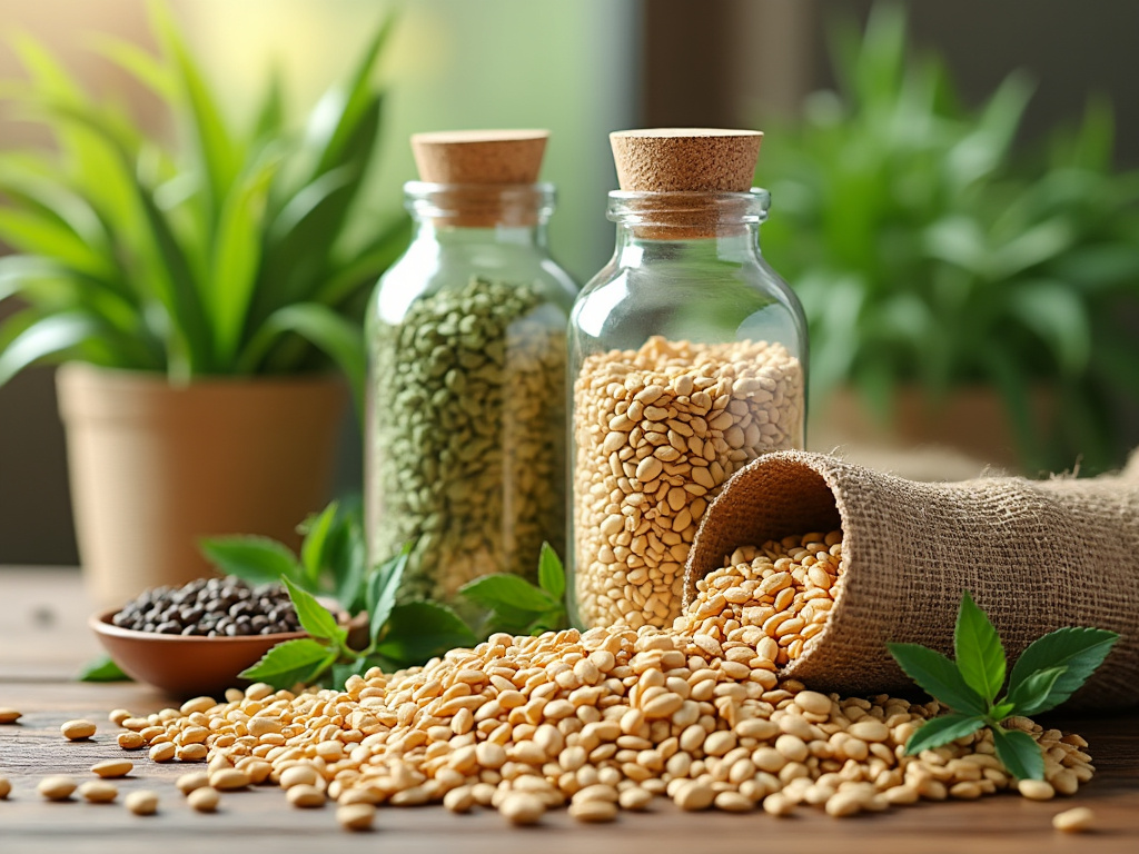 Frascos de vidrio llenos de semillas, con otro saco de semillas derramado sobre una mesa de madera, rodeados de plantas verdes en macetas.
