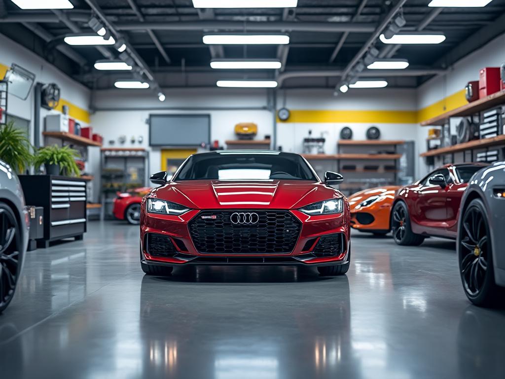 Coche deportivo rojo en un taller moderno con otros autos de lujo en el fondo, iluminación brillante y herramientas organizadas en estantes.