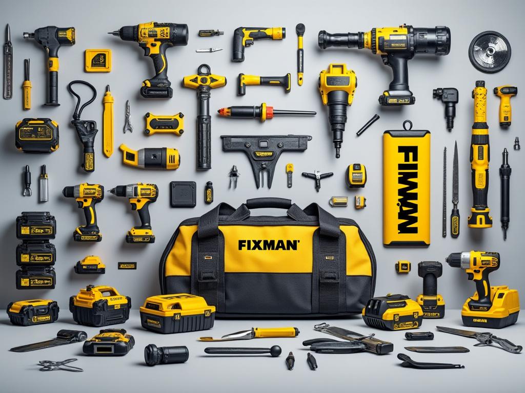 Herramientas eléctricas y manuales de la marca Fixman organizadas junto a una bolsa de herramientas.