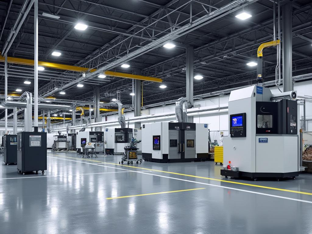 Modern industrial manufacturing facility with advanced CNC machines and clean, organized workspaces. Modern industrial manufacturing facility with advanced CNC machines and clean, organized workspaces.