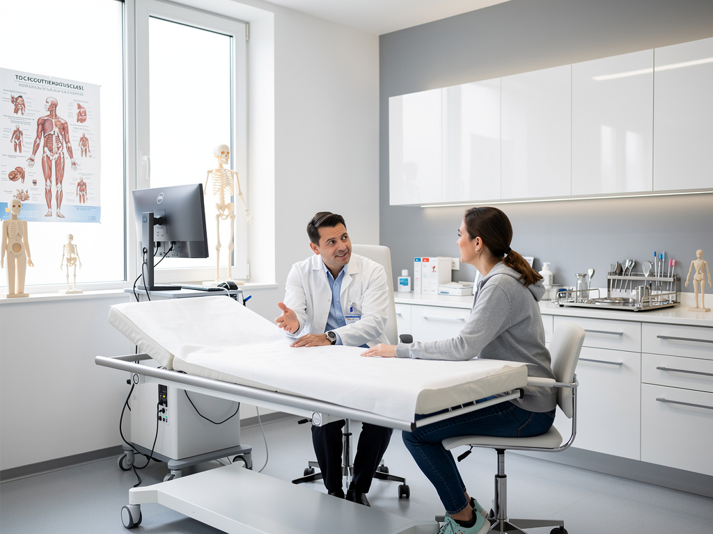 Médico consultando a paciente en una sala de examen moderna con camilla, modelos anatómicos y material clínico