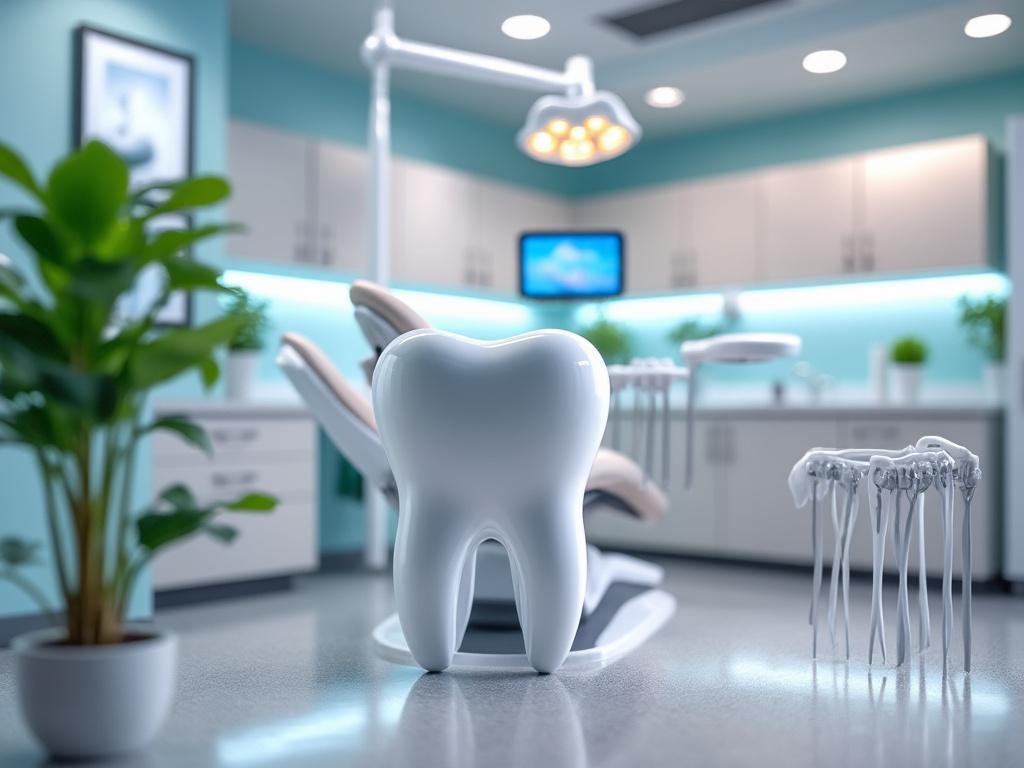 Consultorio dental moderno con silla, iluminación y herramientas dentales.