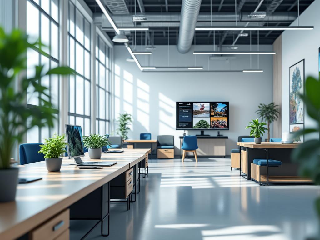 Modern open office space with desks, computers, indoor plants, and a large screen on the wall, illuminated by natural light from large windows.