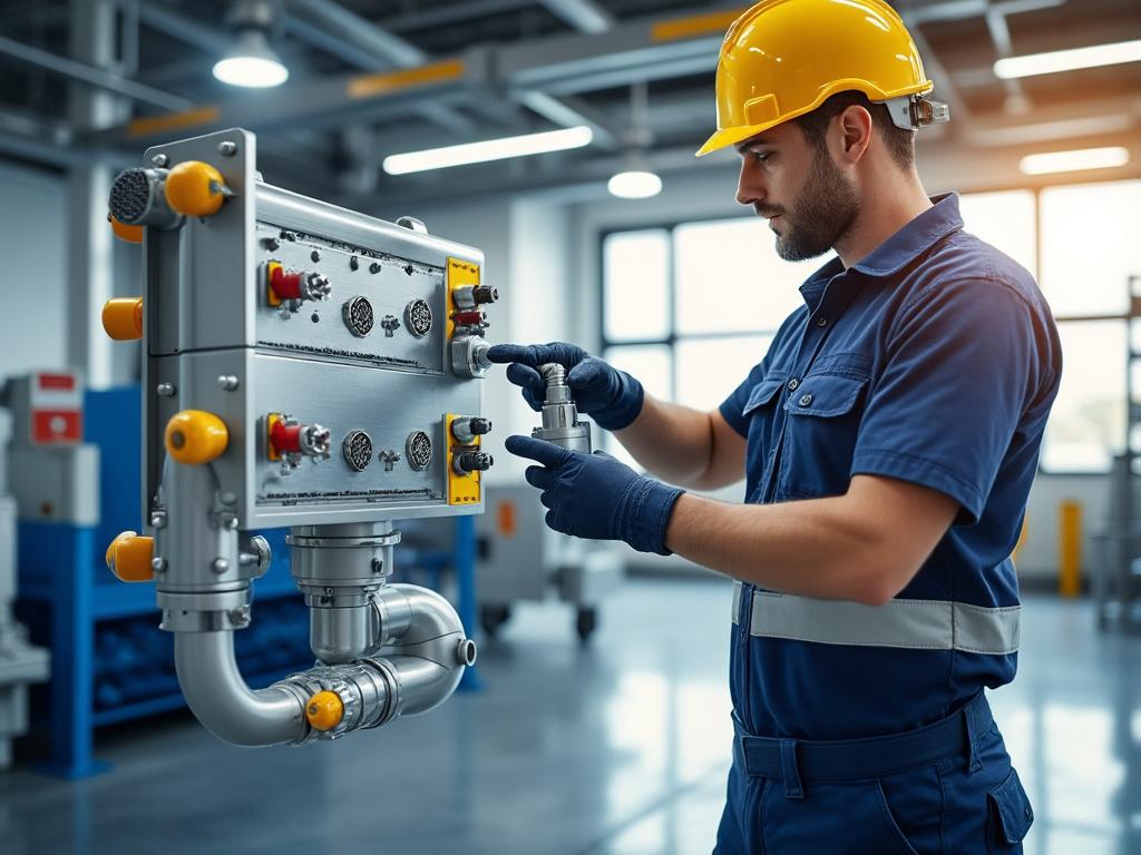 Ingeniero con casco amarillo trabajando en panel de control industrial en una fábrica moderna.